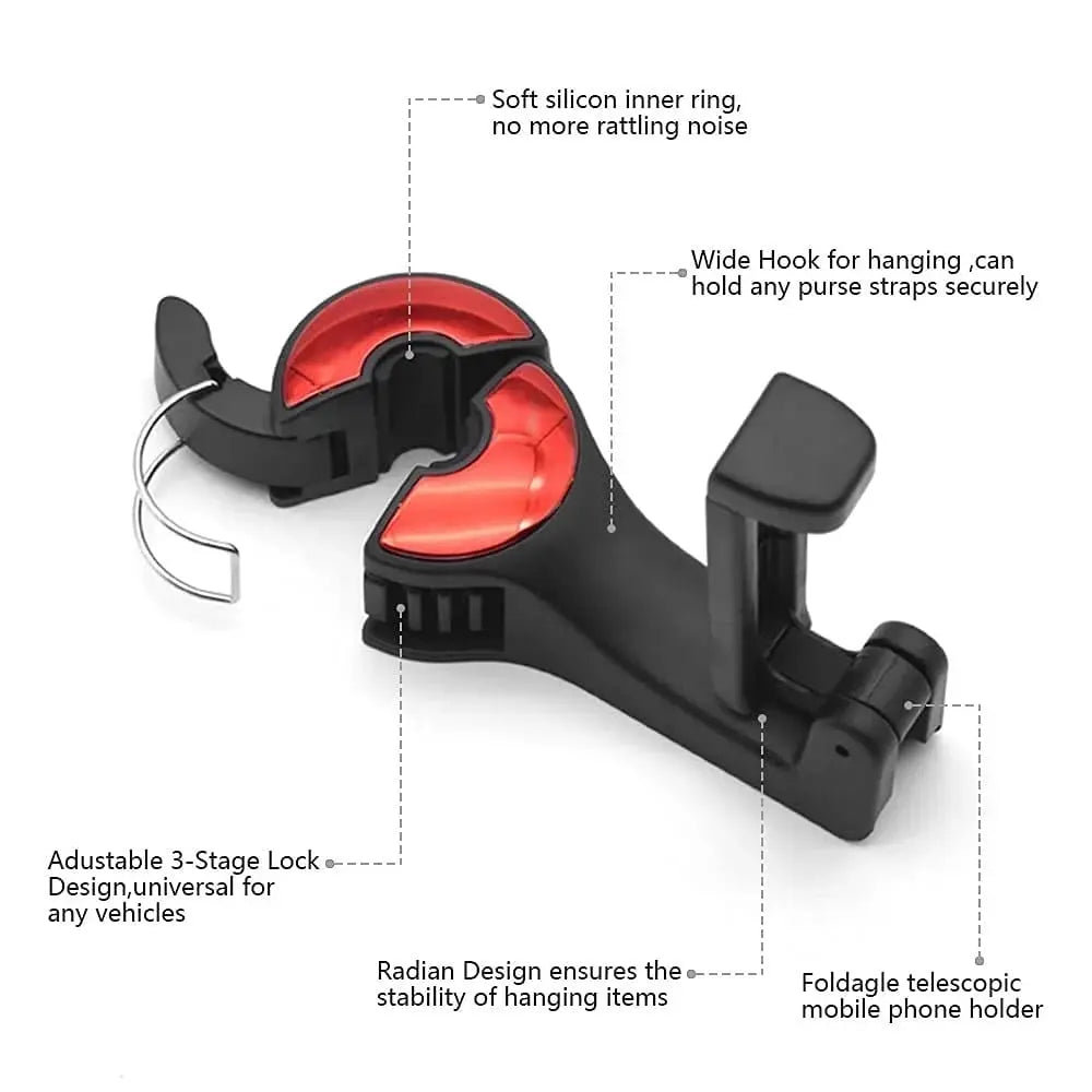 2-in-1 Car Headrest Hooks – Holds Bags & Serves as Smartphone Holder