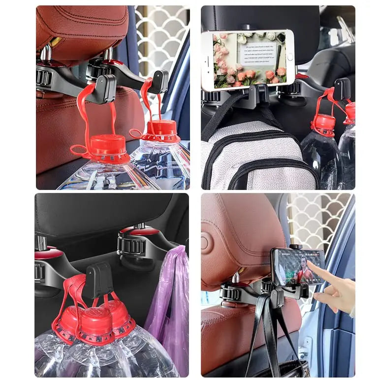 2-in-1 Car Headrest Hooks – Holds Bags & Serves as Smartphone Holder