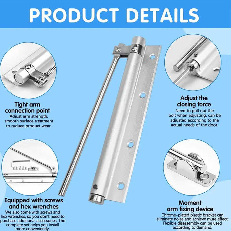 Automatic door hinge with self-reset – Safe & Quiet
