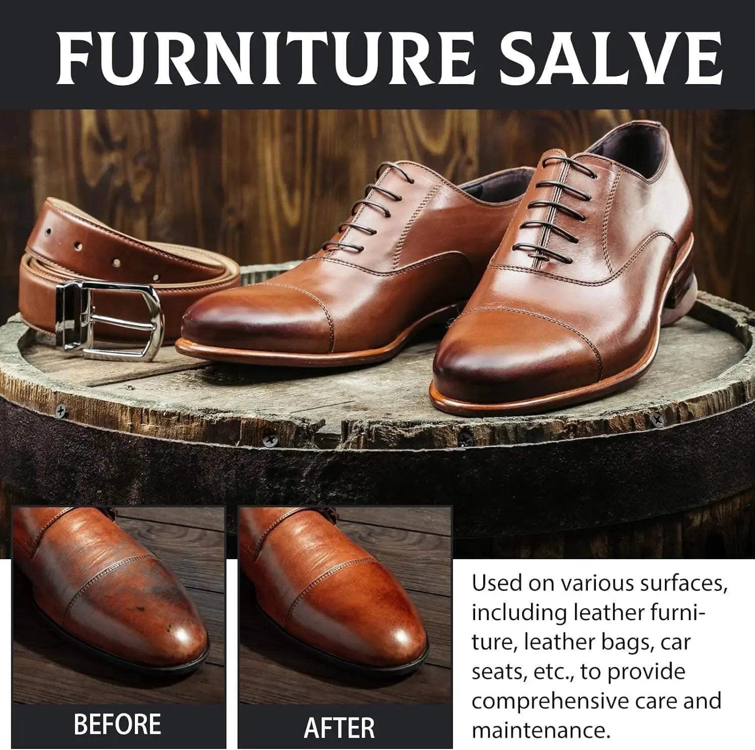 Balm for leather and wood for scratch removal and care