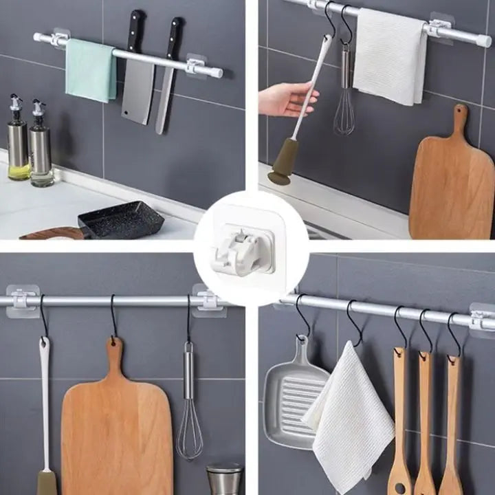 Nail-free, adjustable curtain rod hooks