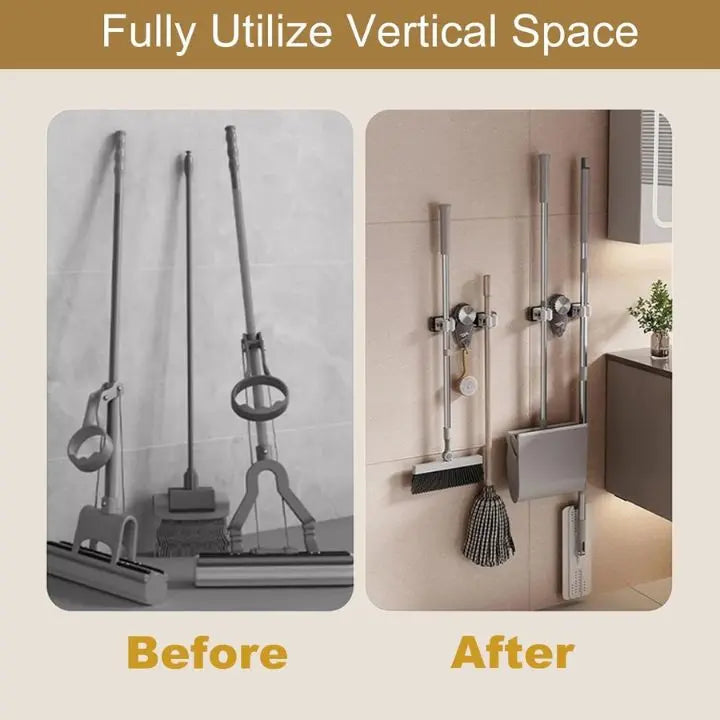 Strong broom holder without drilling – Space-saving & safe storage