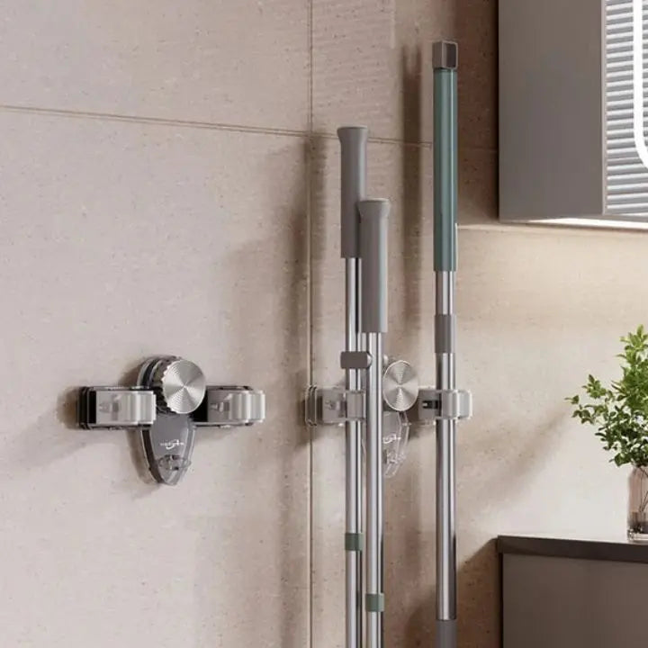 Strong broom holder without drilling – Space-saving & safe storage