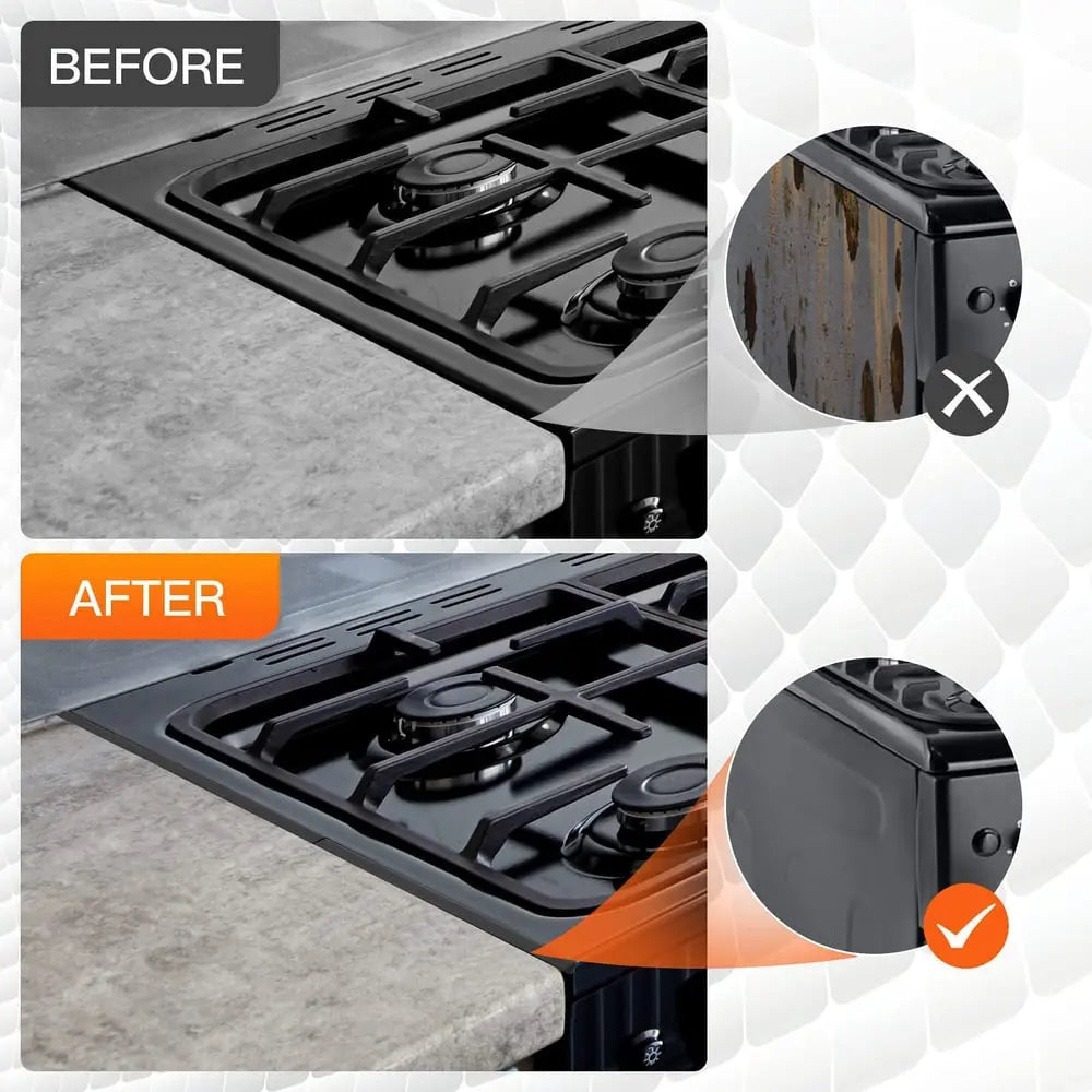 Telescopic cover strips made of stainless steel for stove gaps
