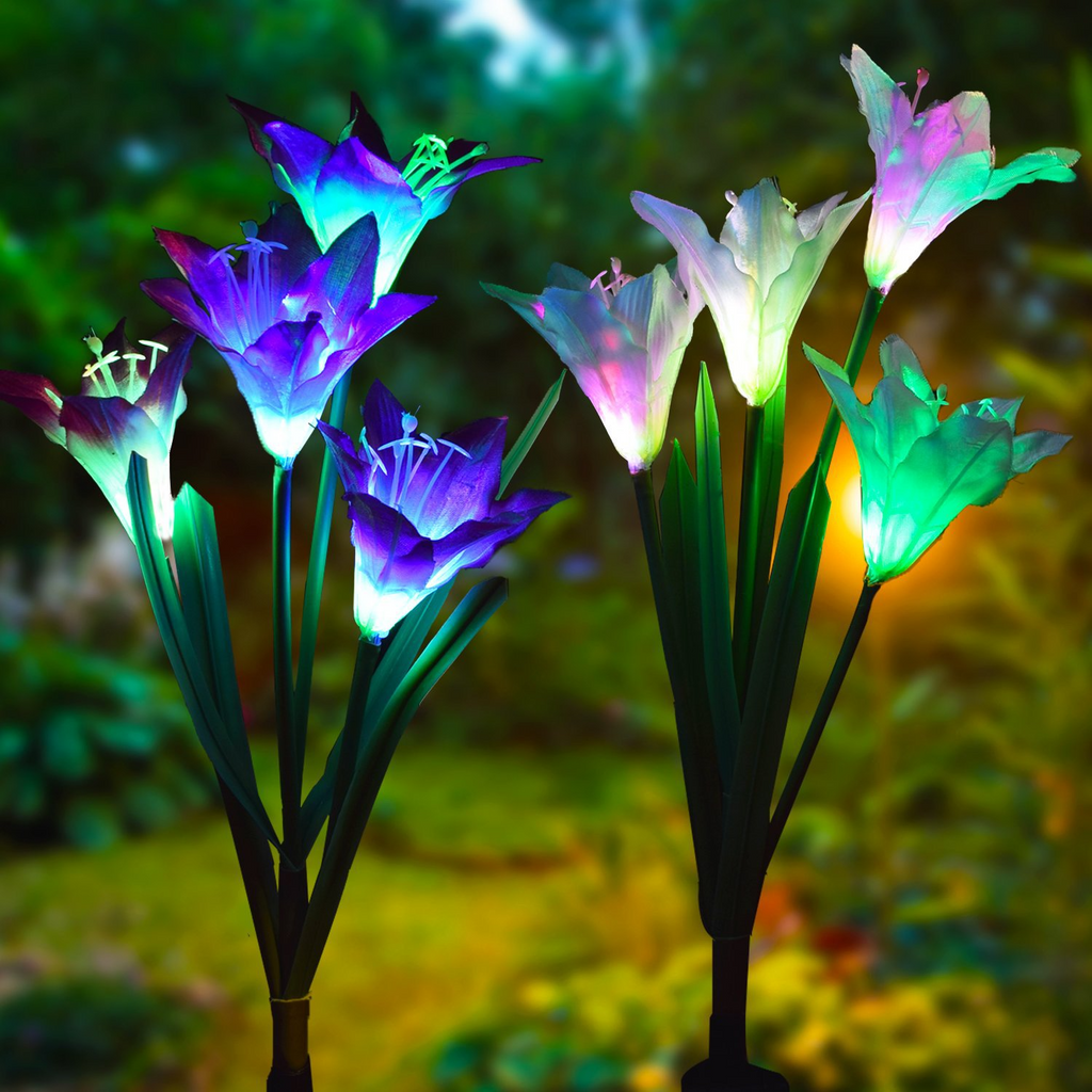 Solar LED flower lights in lily shape – Color-changing garden lights with stake for outdoor areas