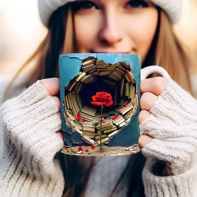 3D Floral Bookshelf Cracked Hole Coffee Mug