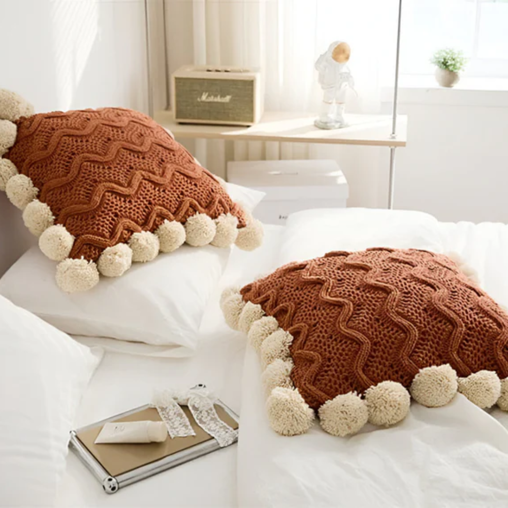 Knitted Cushion Cover with Tassels in Boho Style