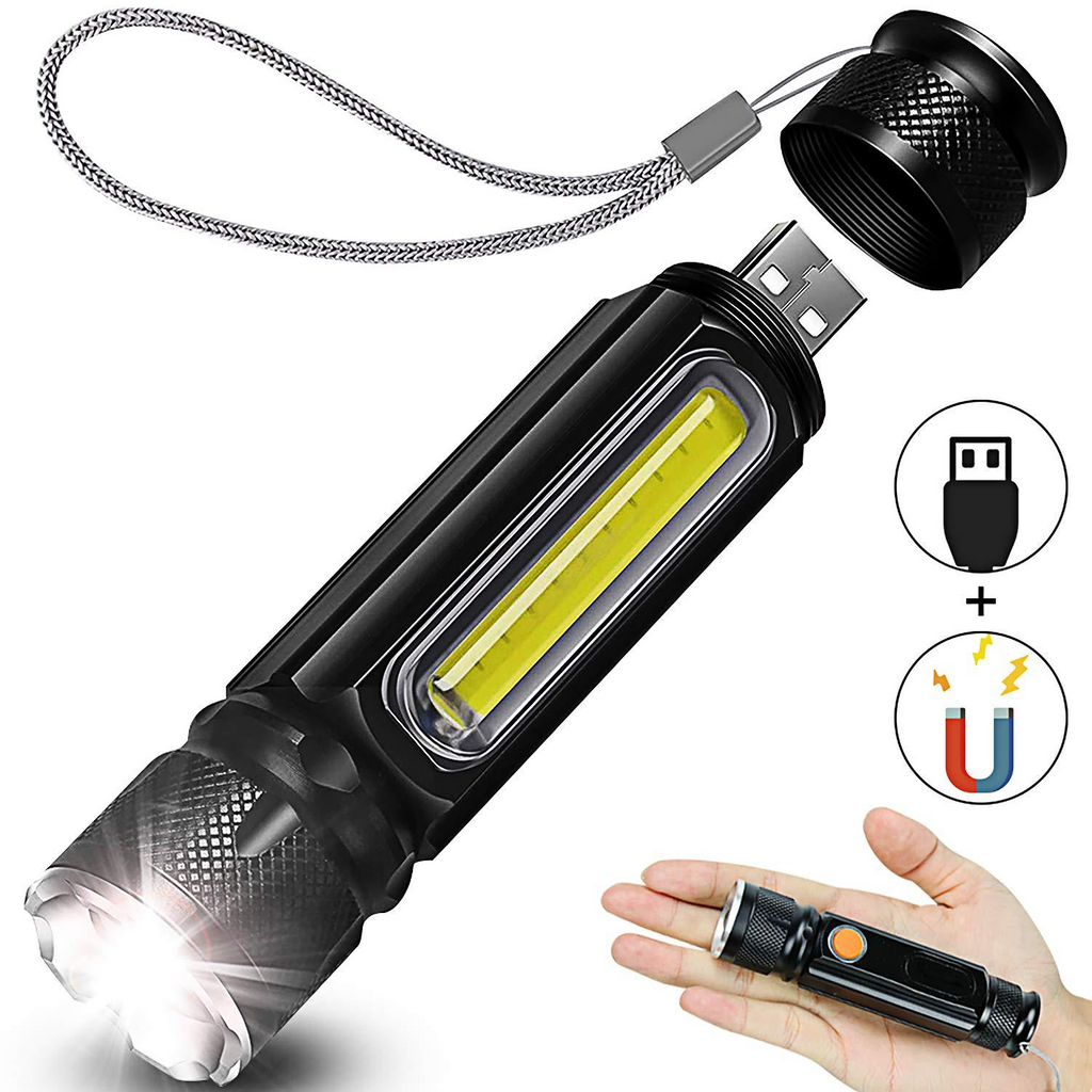 USB Rechargeable Magnetic Flashlight – LED Emergency Light with Magnet and Carry Strap