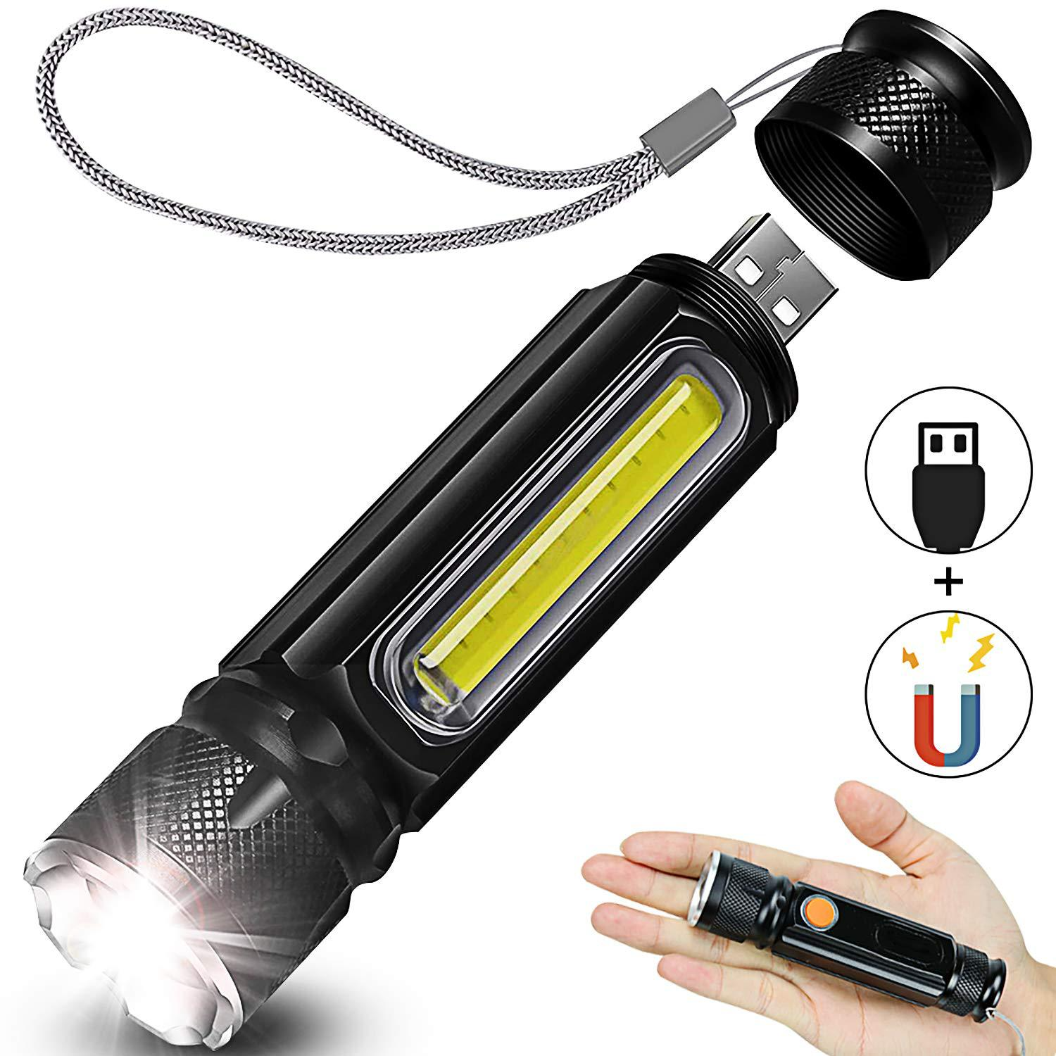 USB Rechargeable Magnetic Flashlight – LED Emergency Light with Magnet and Carry Strap