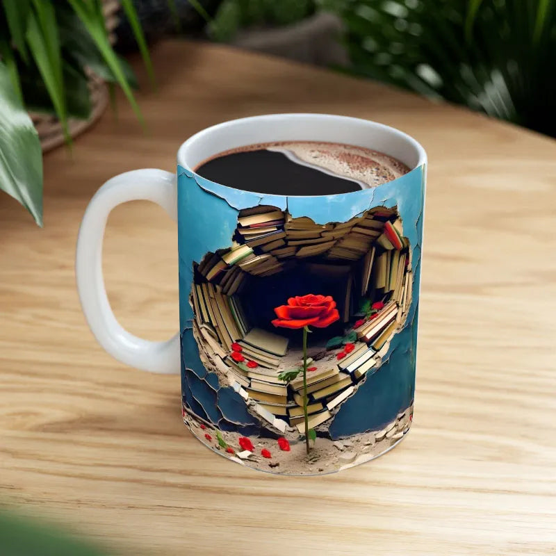 3D Floral Bookshelf Cracked Hole Coffee Mug