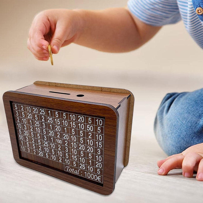 Wood savings box with engraved figures