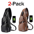 Large Men's Leather Bag Chest Backpack Waterproof Crossbody Bag with USB