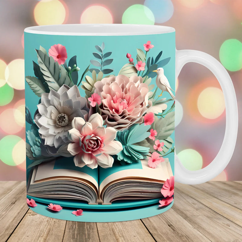 3D Artistic Beautiful Floral Books Coffee Mug - Book Lover Gift