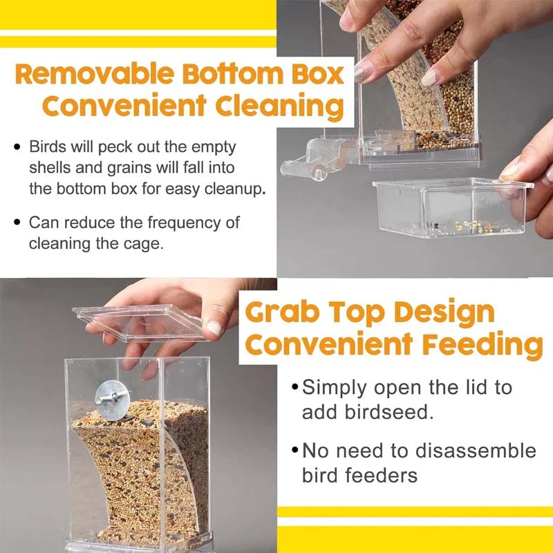Automatic transparent bird feeder without spills