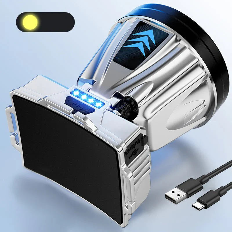 Wide-beam LED headlamp with power bank function and USB charging port