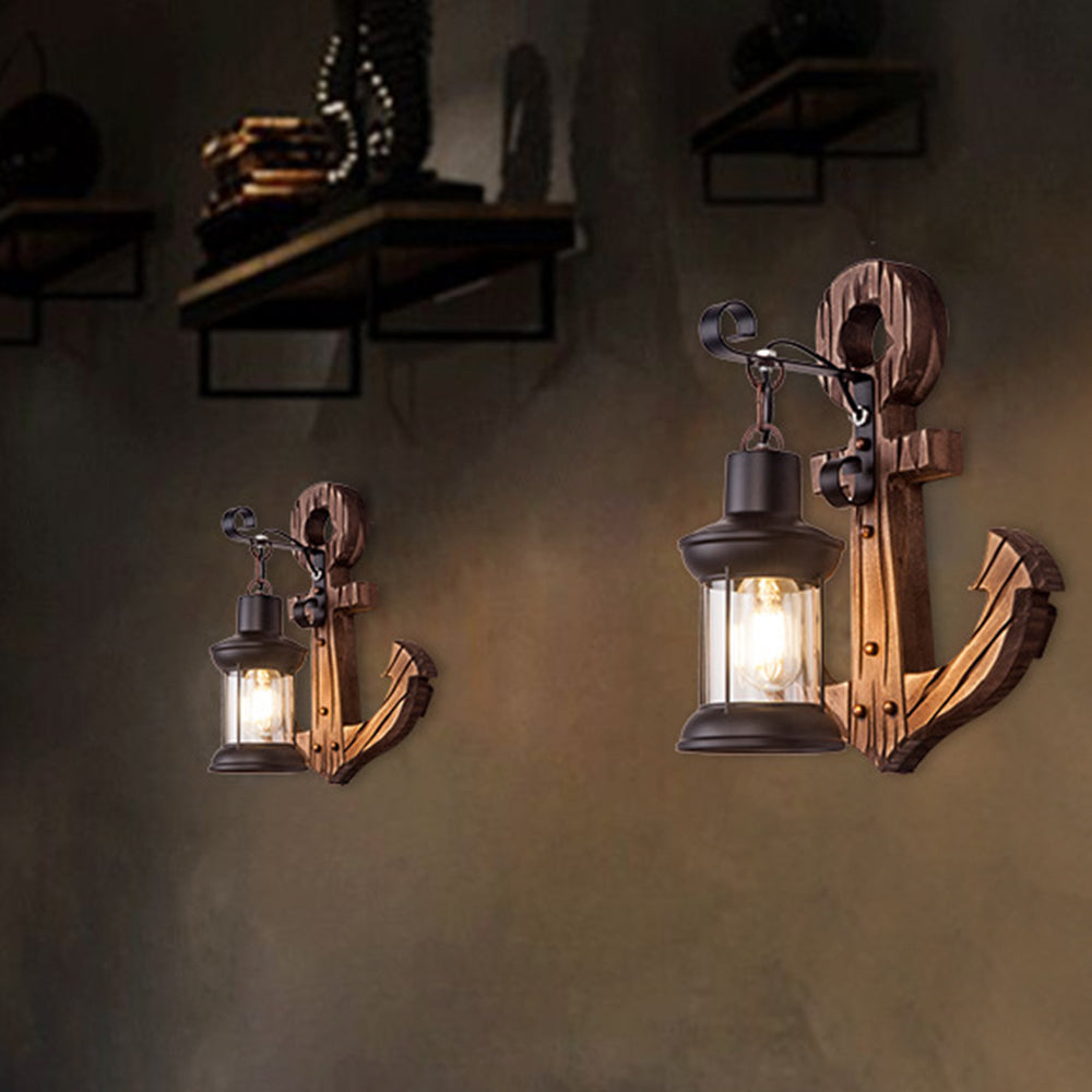 Rustic Wood Anchor Wall Lamp with Lantern