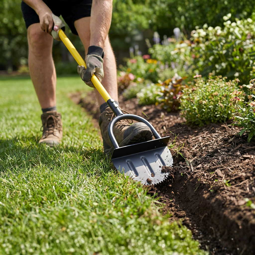 Manual Lawn Edger with Crescent Serrated Blade and Built-In Footrest for Beds