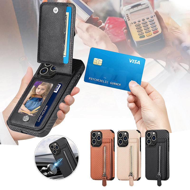 Magnetic zipper wallet case with credit card holder