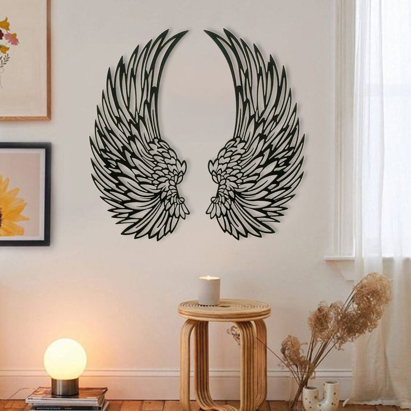 Metal wall art with angel wings and LED lights