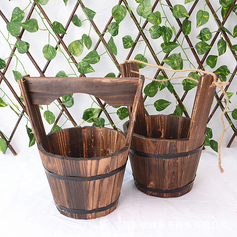 Wooden Bucket Planter in Barrel Design for Garden and Terrace – Decorative Flower Pots made of Wood