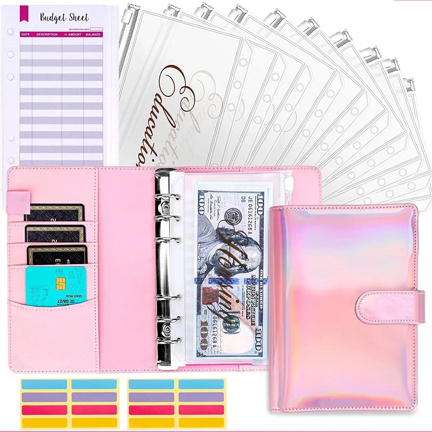 Budget binder with cash envelope system and credit card slots