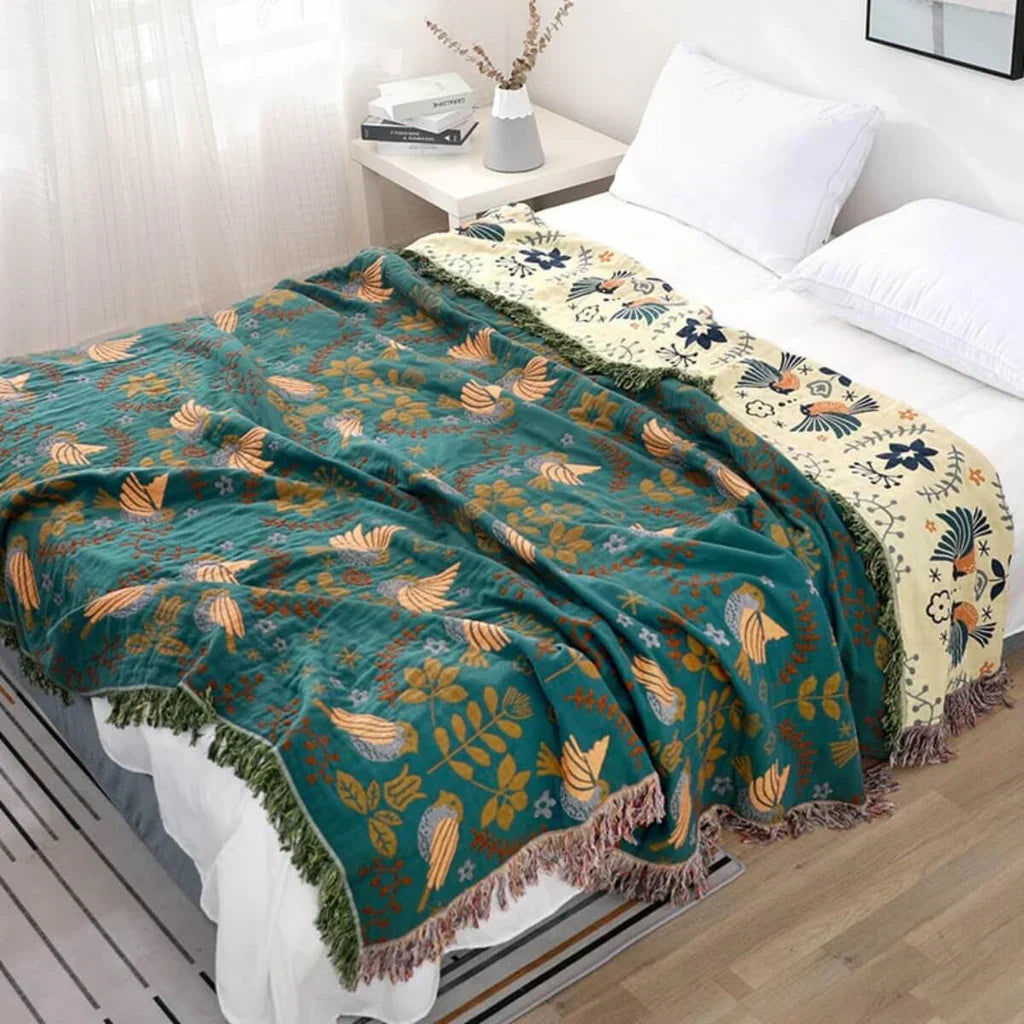 Reversible Scandinavian Blanket with Bird Design