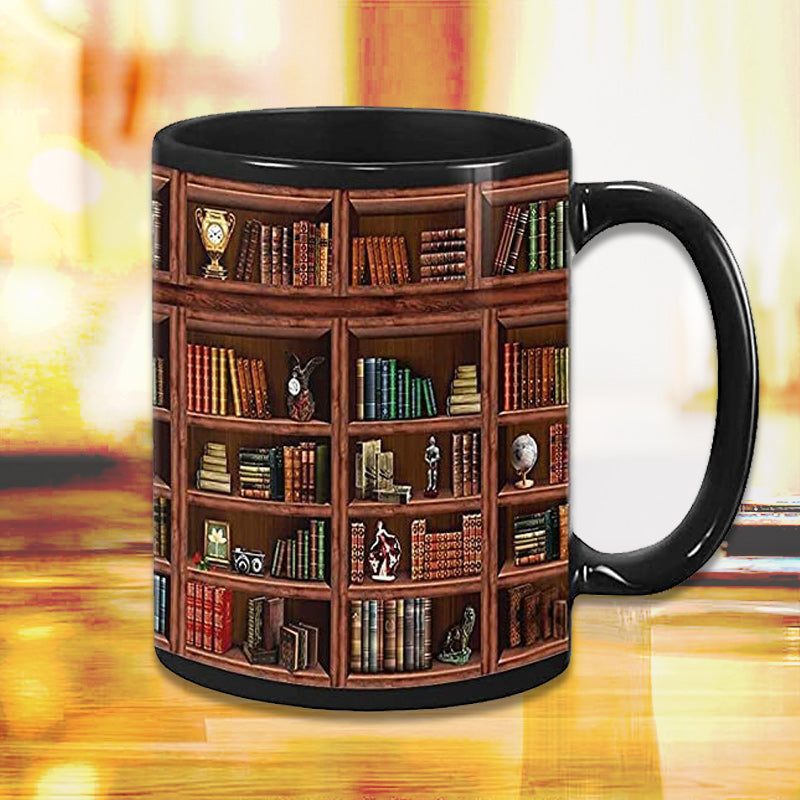 Bookshelf Ceramic Coffee Mug - Gift for Cat Book Lovers