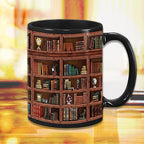 Bookshelf Ceramic Coffee Mug - Gift for Cat Book Lovers