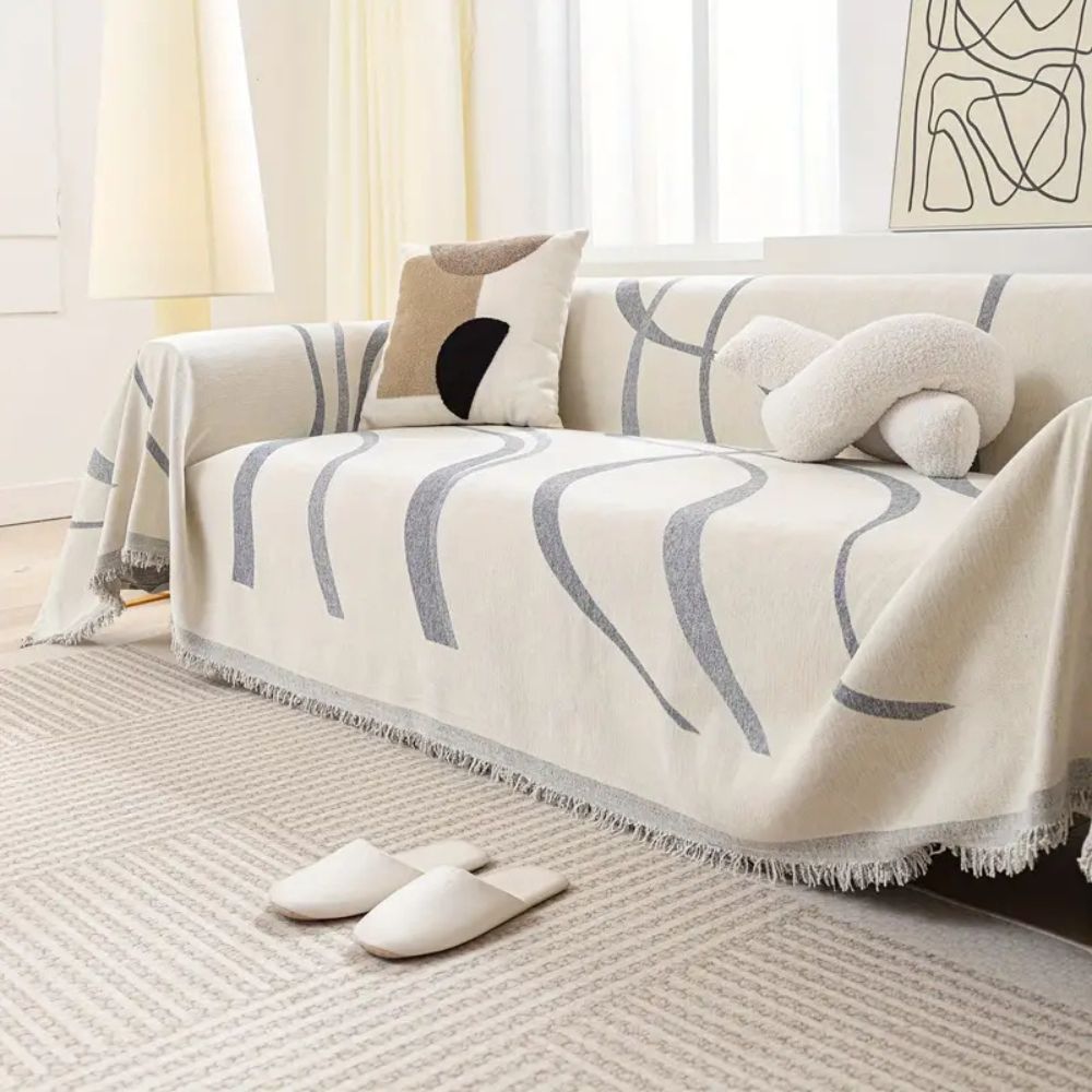 Wave-Pattern Chenille Sofa Cover with Tassels and Non-Slip Fit