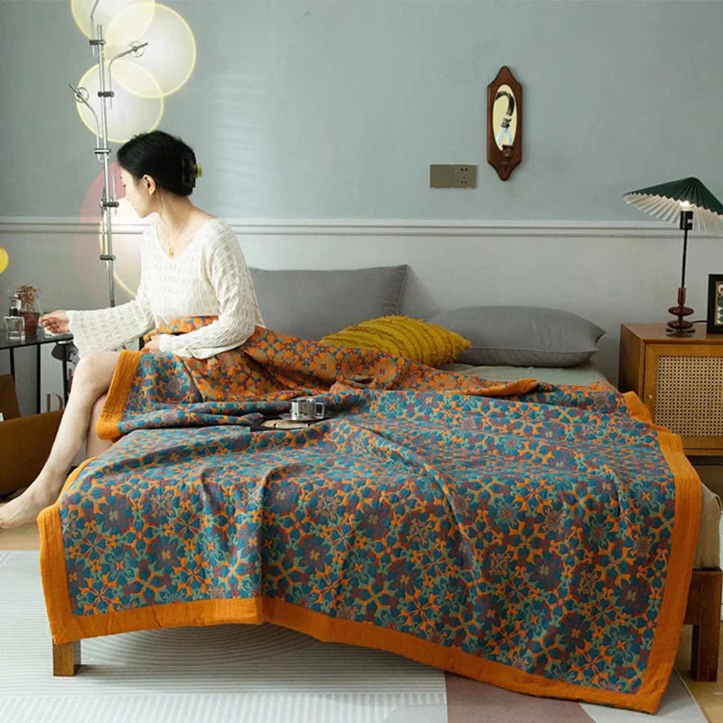 Six-Layer Cotton Blanket with Orange-Blue Pattern