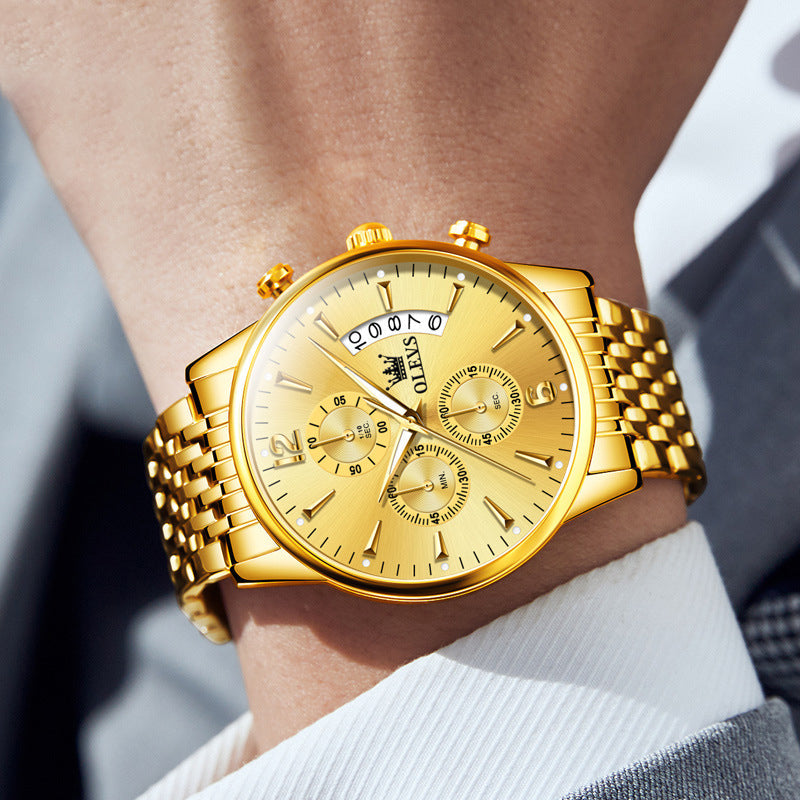 Luxury Gold Three-Eye Chronograph Dial Automatic Mechanical Watch
