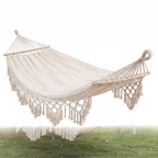 200x150cm Double Outdoor Camping Fringe Canvas Hammock with Pole (White)