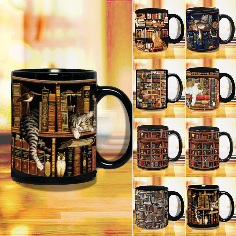 Bookshelf Ceramic Coffee Mug - Gift for Cat Book Lovers