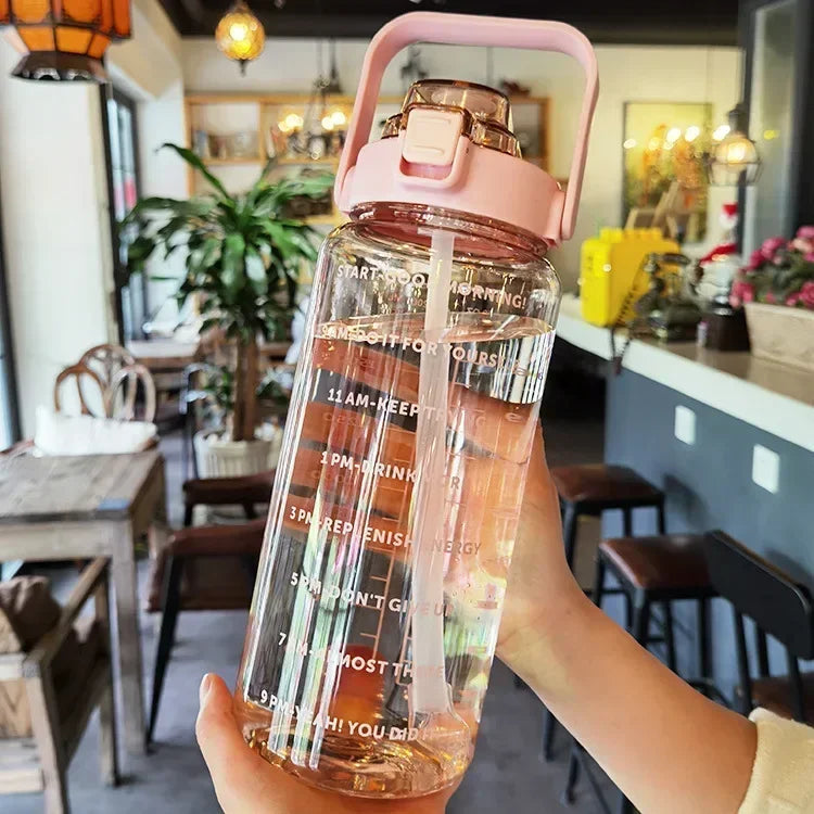 2L Portable Sports Water Bottle with Straw and Time Markings