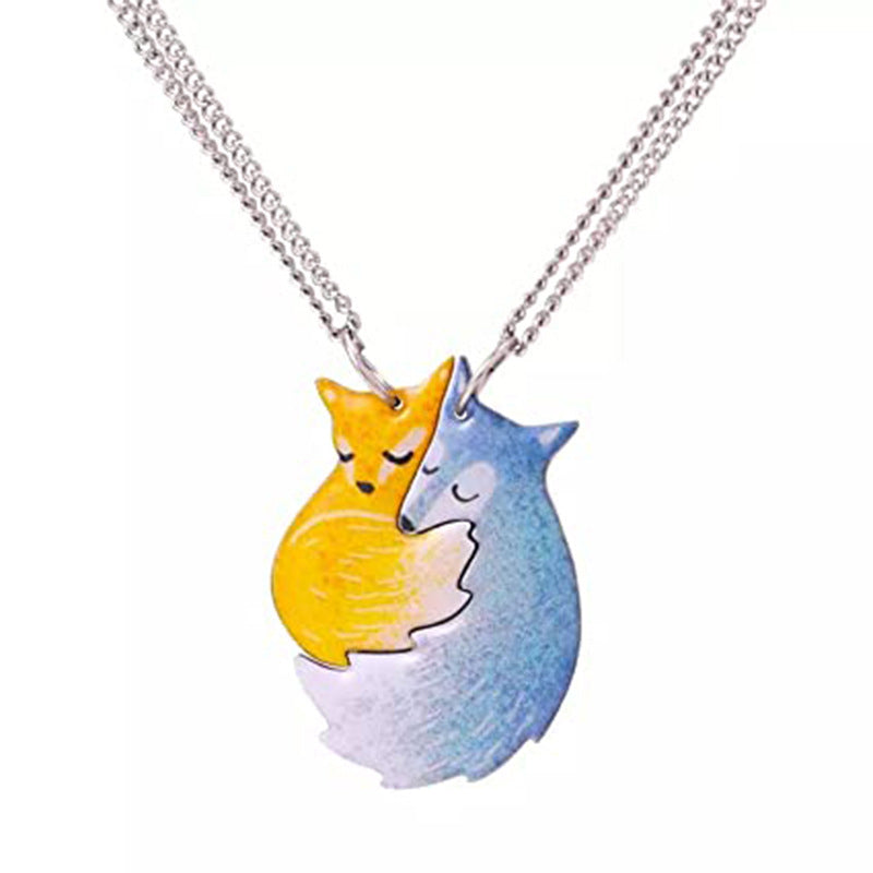 Hand-painted Fox and Wolf Couple Embrace Necklace