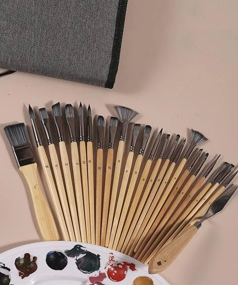 Professional Art Brushes with Natural Wood Handles Set of 24