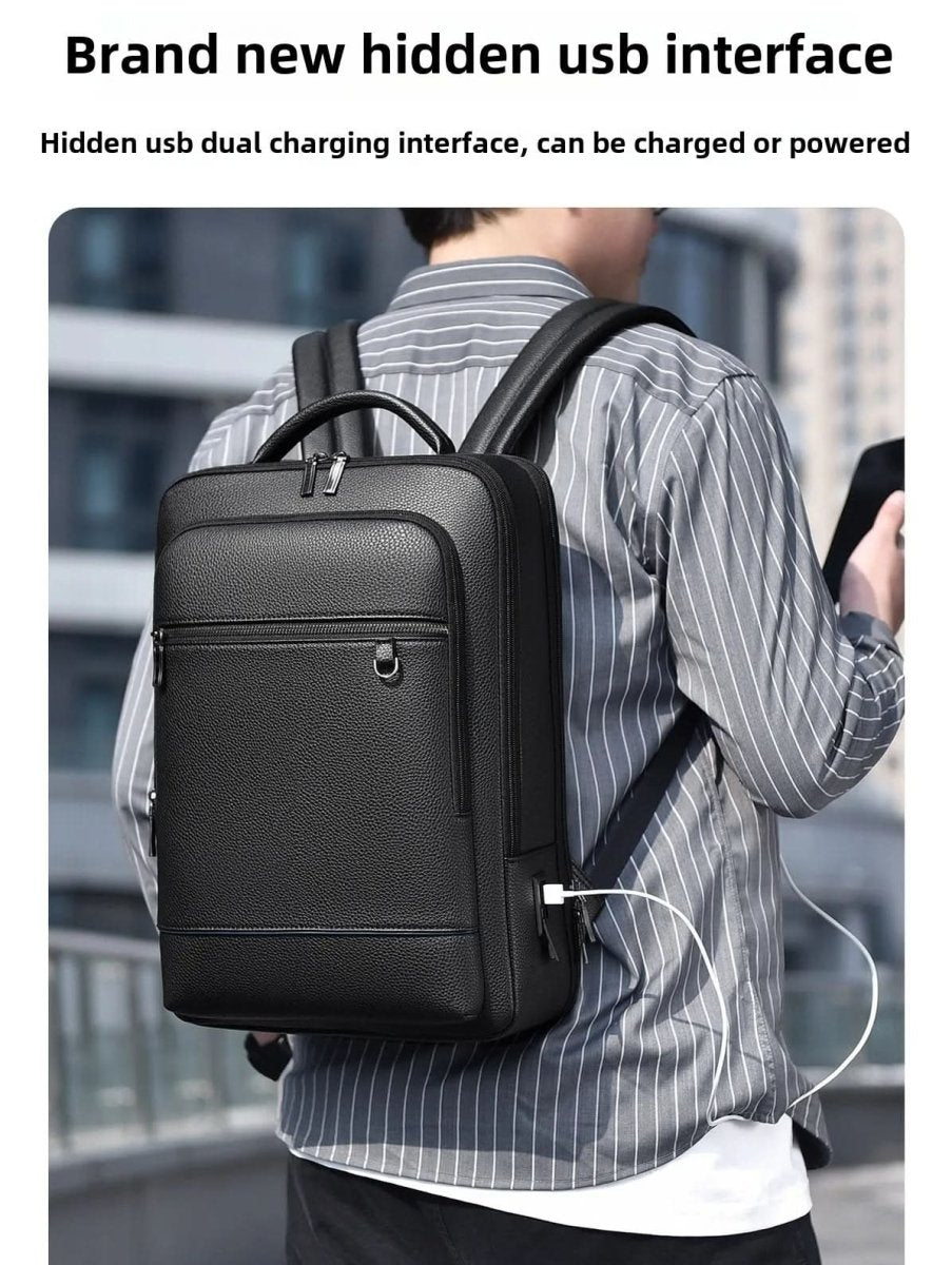 Elegant leather rucksack for men/women with USB port for laptop and everyday use, 15.6 inch, black