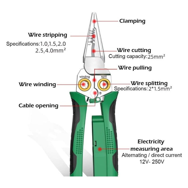 8-in-1 Wire Stripping Tool with Built-In Voltage Detector – Cut, Twist, Test, and Strip in One