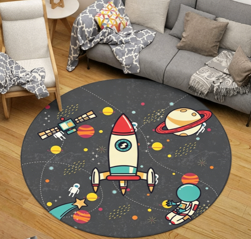 Children Space Pattern Carpet Black and Blue Polyester Carpet Washable Pet-Friendly Non-Slip Rug for Children's Room