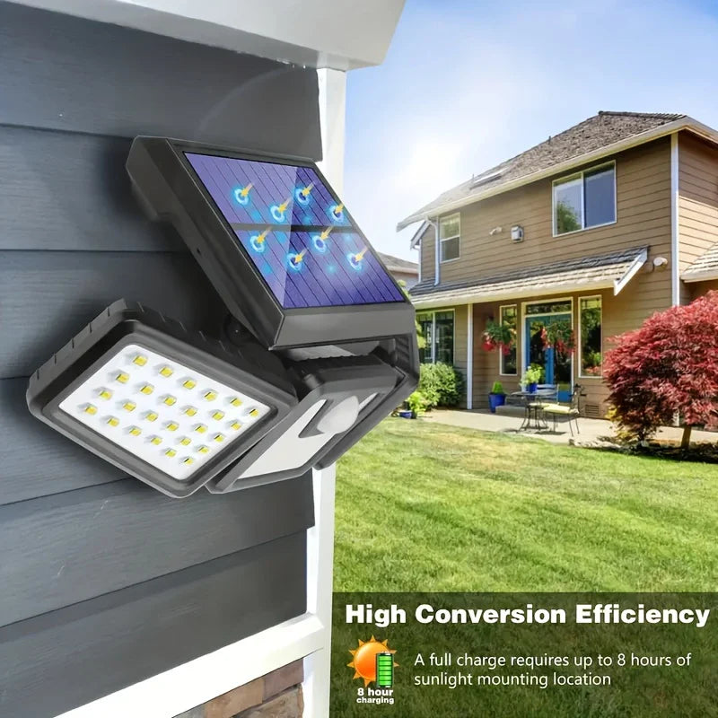 Solar LED floodlight with motion sensor – 3-beam outdoor lighting for garden, yard, and garage