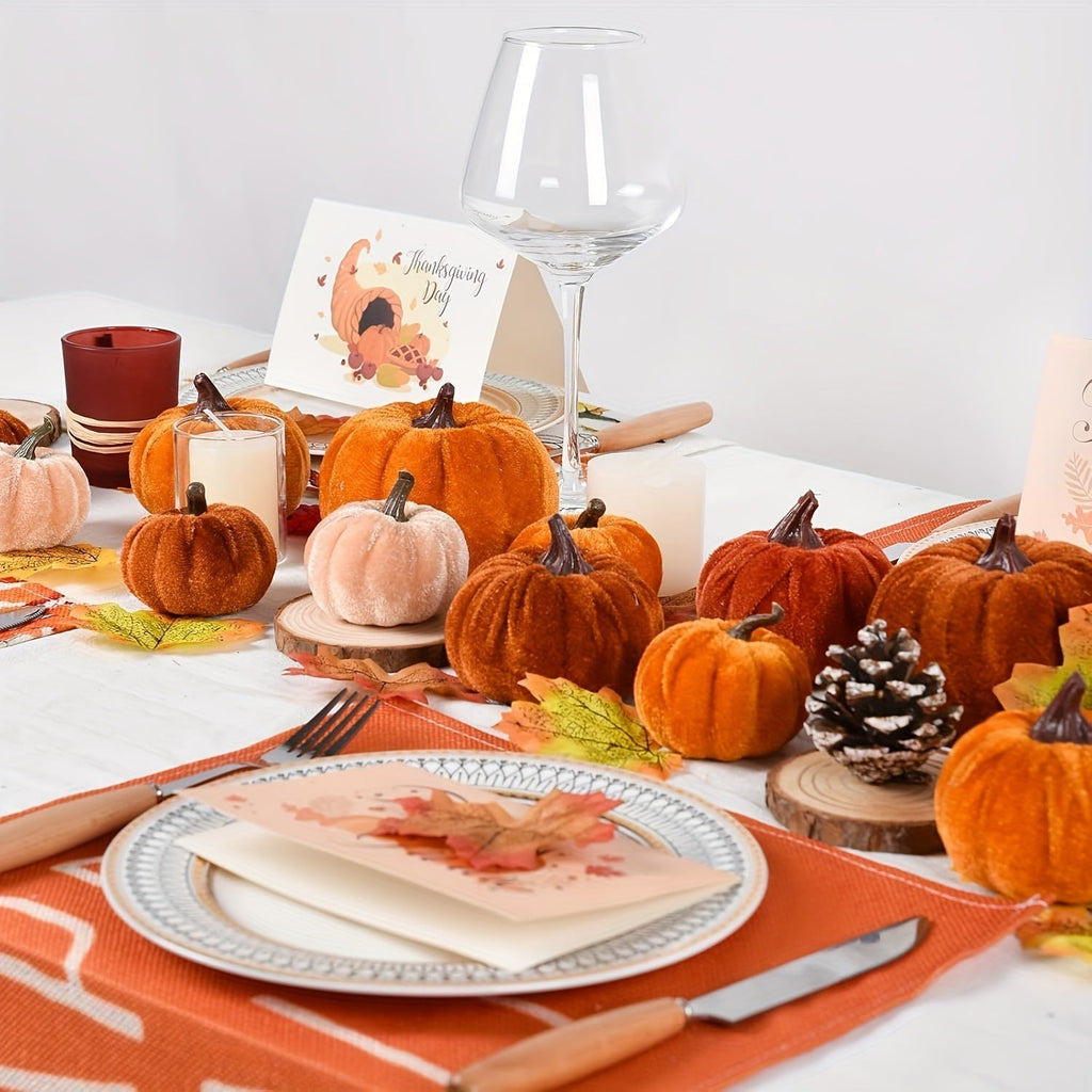 Autumn Decoration Pumpkin Set – 12 Pieces Artificial Pumpkins with Velvet Finish