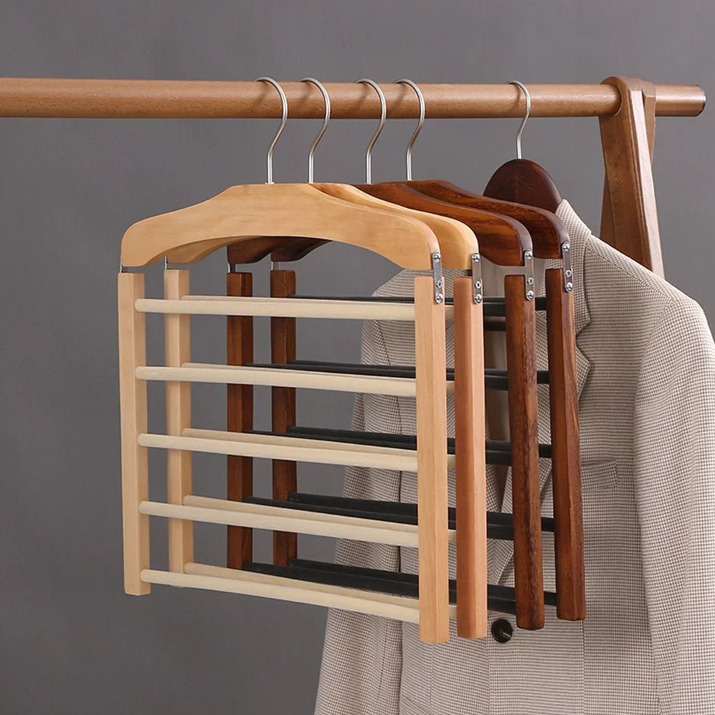 Space-saving wooden multi-pants hanger
