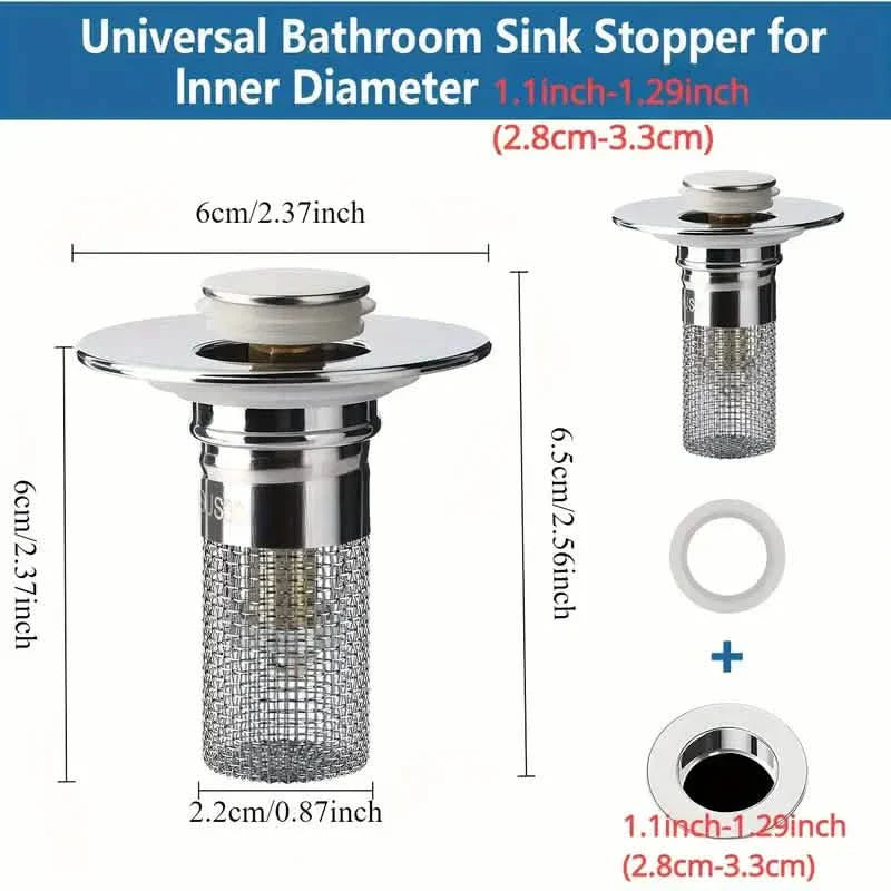 2-Pack: Pop-Up Wash Basin Plugs with Stainless Steel Strainer and Hair Strainer