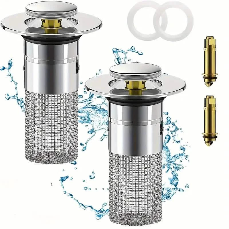 2-Pack: Pop-Up Wash Basin Plugs with Stainless Steel Strainer and Hair Strainer