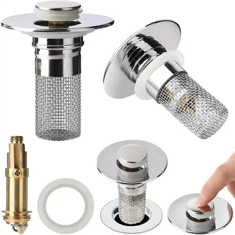 2-Pack: Pop-Up Wash Basin Plugs with Stainless Steel Strainer and Hair Strainer