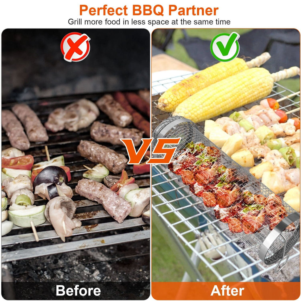 2-piece: Portable BBQ Roll Cart Round Stainless Steel Grill