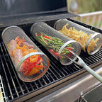 2-piece: Portable BBQ Rolling Basket Round Stainless Steel Grill