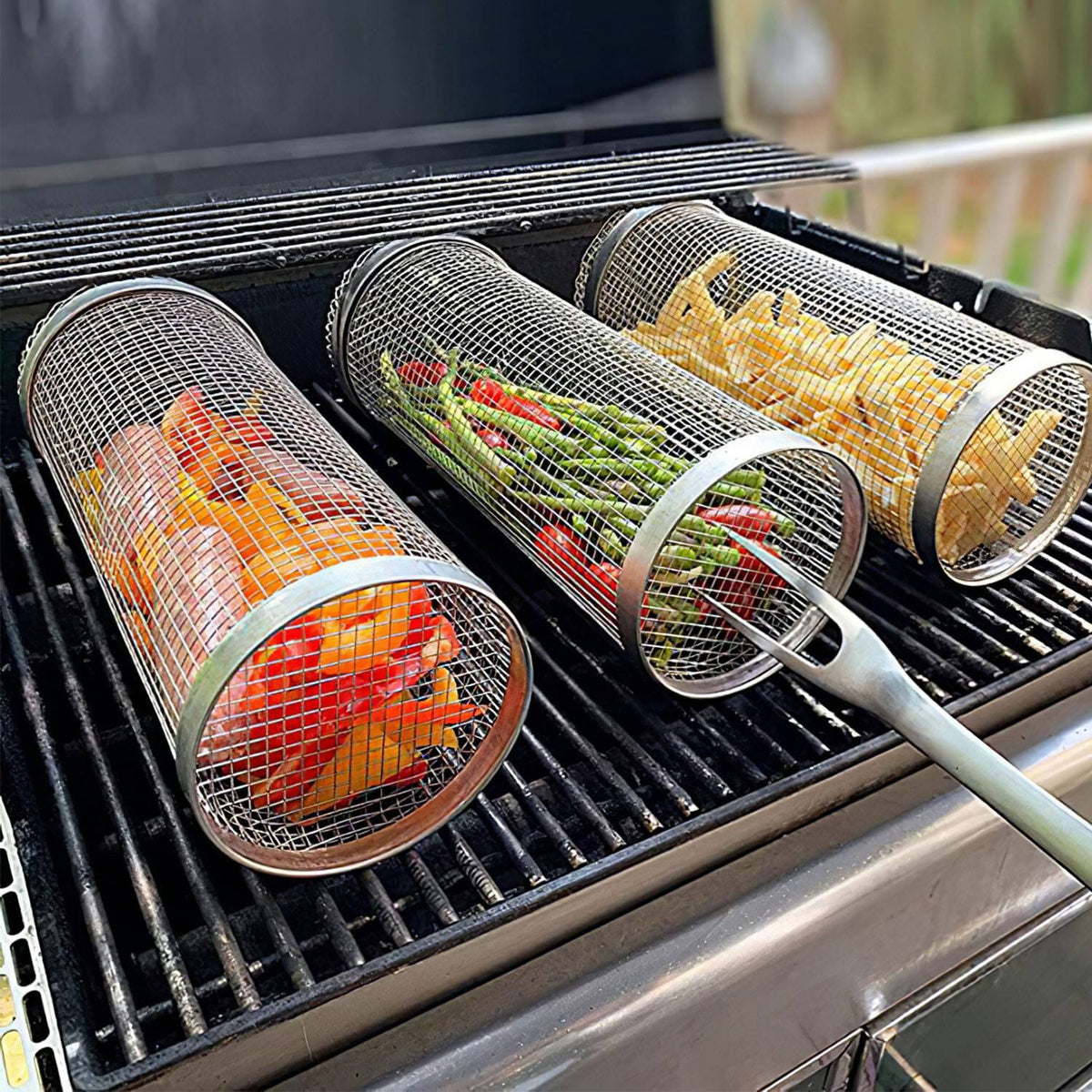 2-piece: Portable BBQ Rolling Basket Round Stainless Steel Grill