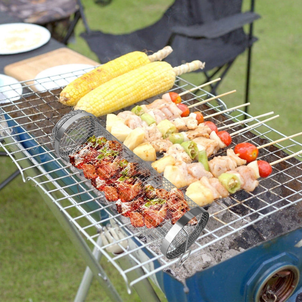 2-piece: Portable BBQ Roll Cart Round Stainless Steel Grill