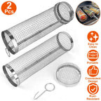 2-piece: Portable BBQ Roll Cart Round Stainless Steel Grill